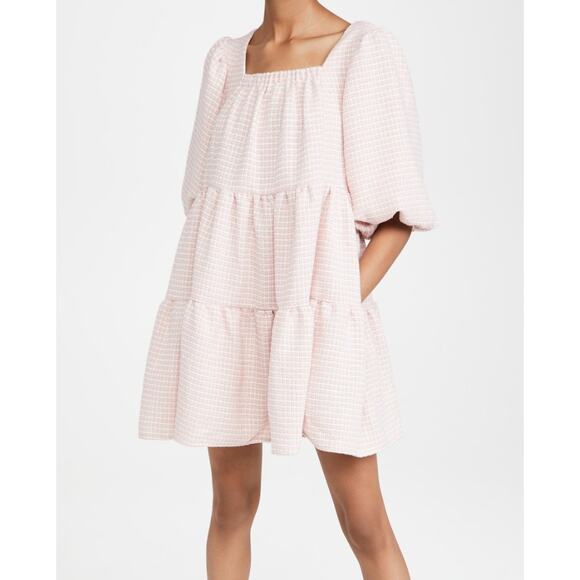 Sister Jane Pink Rosy Knees Tweed Confetti Square Neck Puff Sleeve Dress Size S - Picture 2 of 11